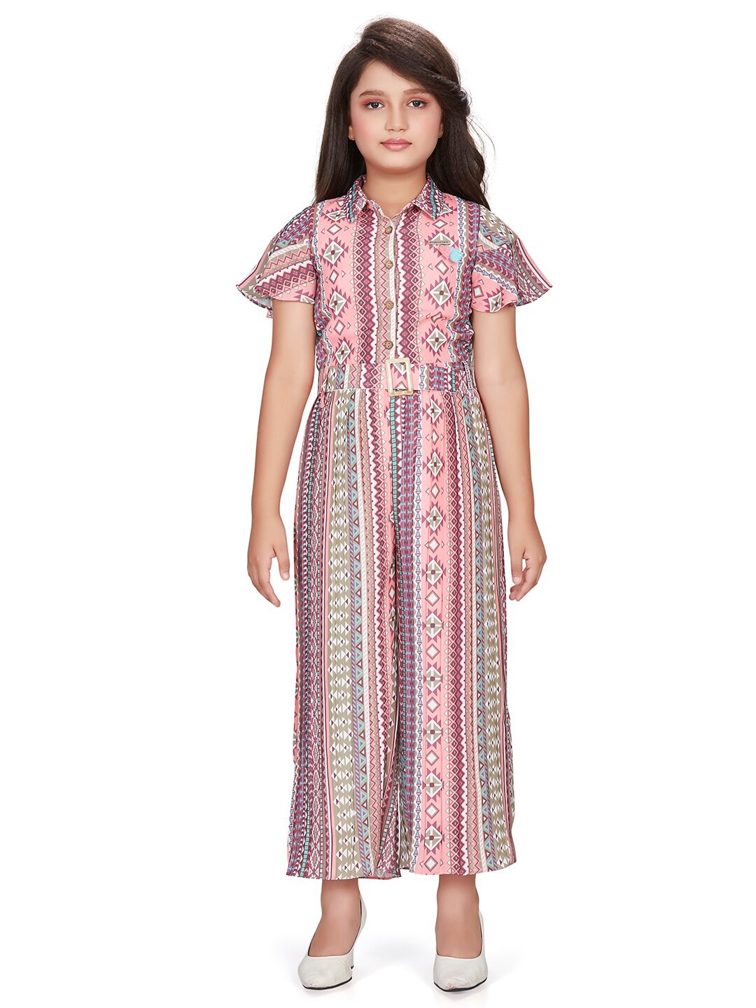

Peppermint Girls Geometric Printed Shirt Collar Basic Jumpsuit, Peach