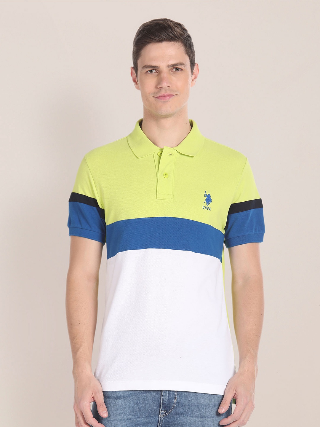 

U.S. Polo Assn. Colourblocked Slim Fit Pure Cotton T-shirt, Green