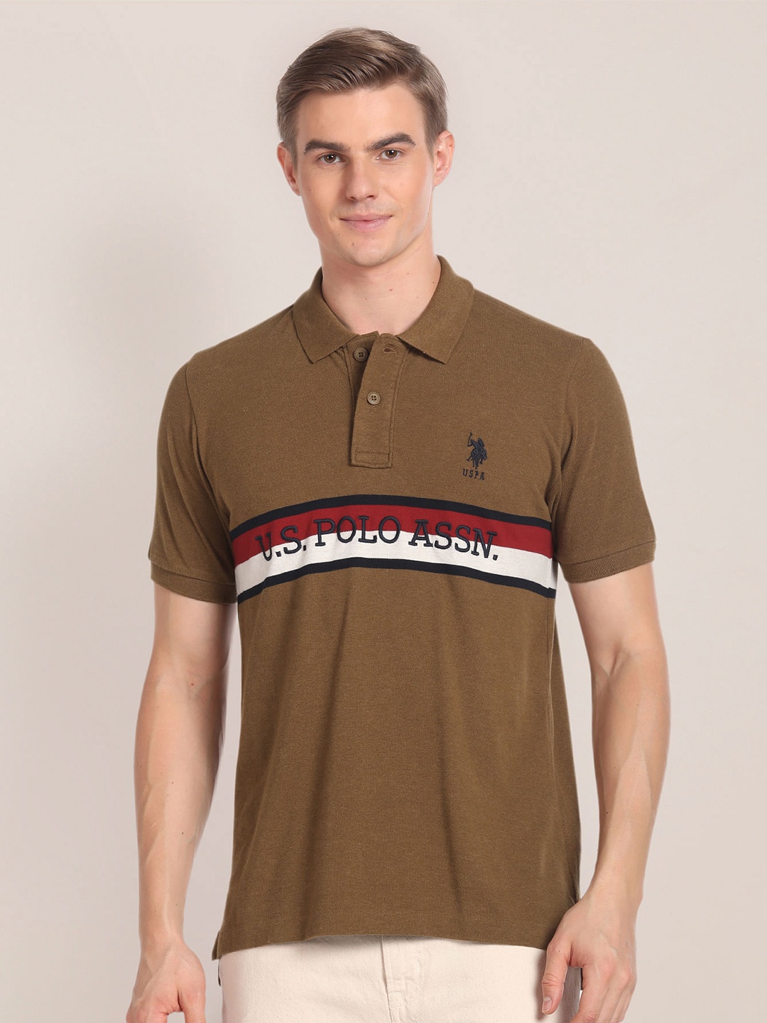

U.S. Polo Assn. Typography Printed Polo Collar Pure Cotton Slim Fit T-shirt, Brown