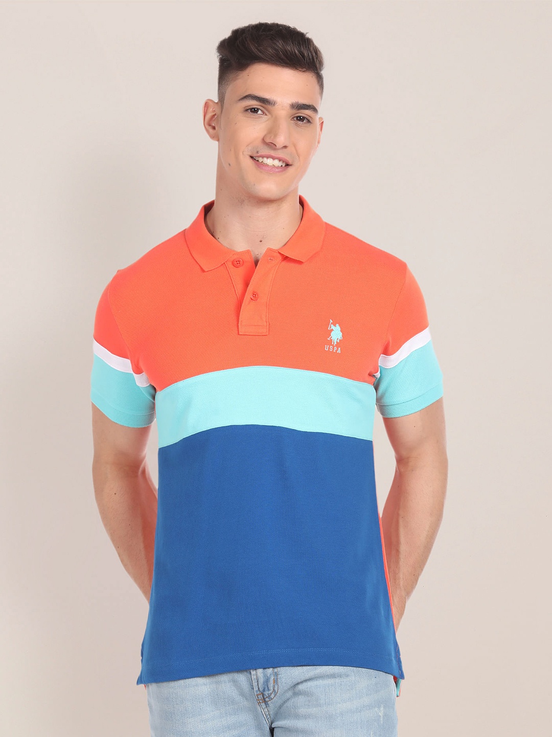 

U.S. Polo Assn. Colourblocked Polo Collar Slim Fit Pure Cotton T-shirt, Orange