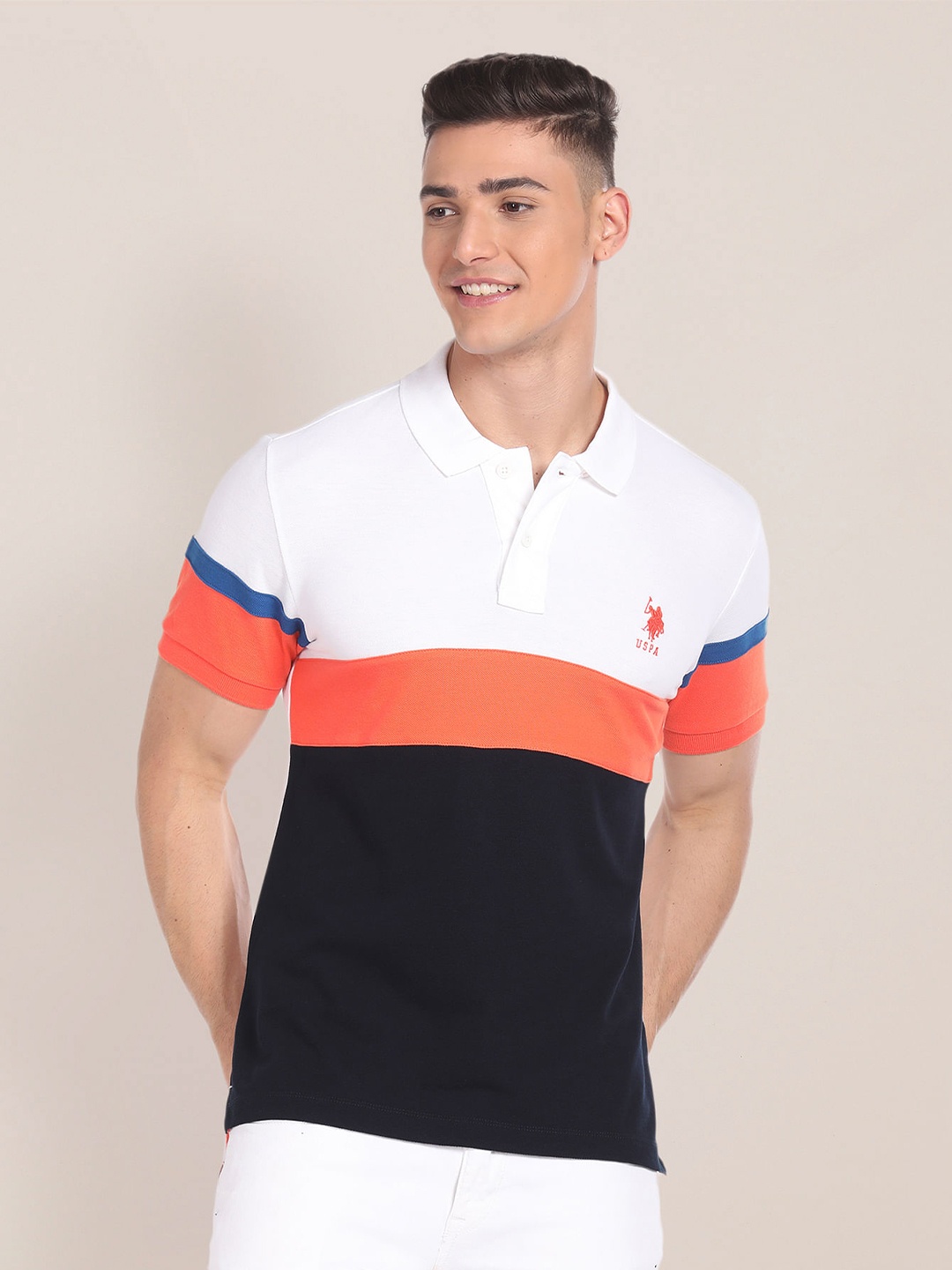 

U.S. Polo Assn. Colourblocked Polo Collar Pure Cotton Slim Fit T-shirt, White