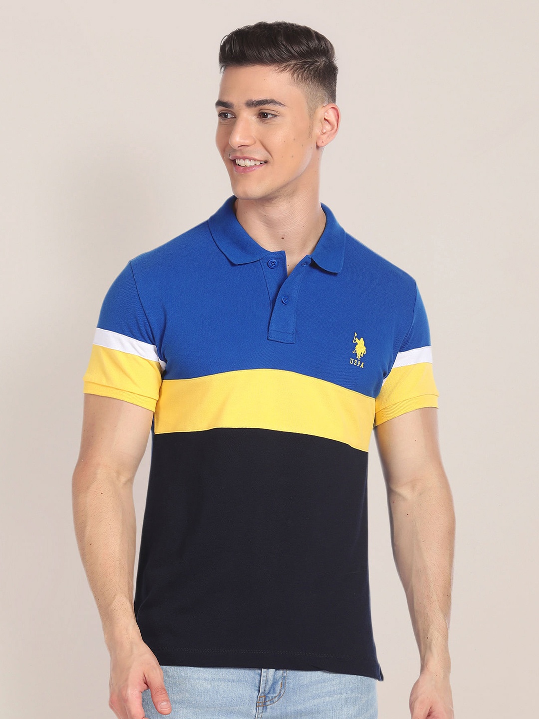 

U.S. Polo Assn. Colourblocked Slim Fit Pure Cotton T-shirt, Blue