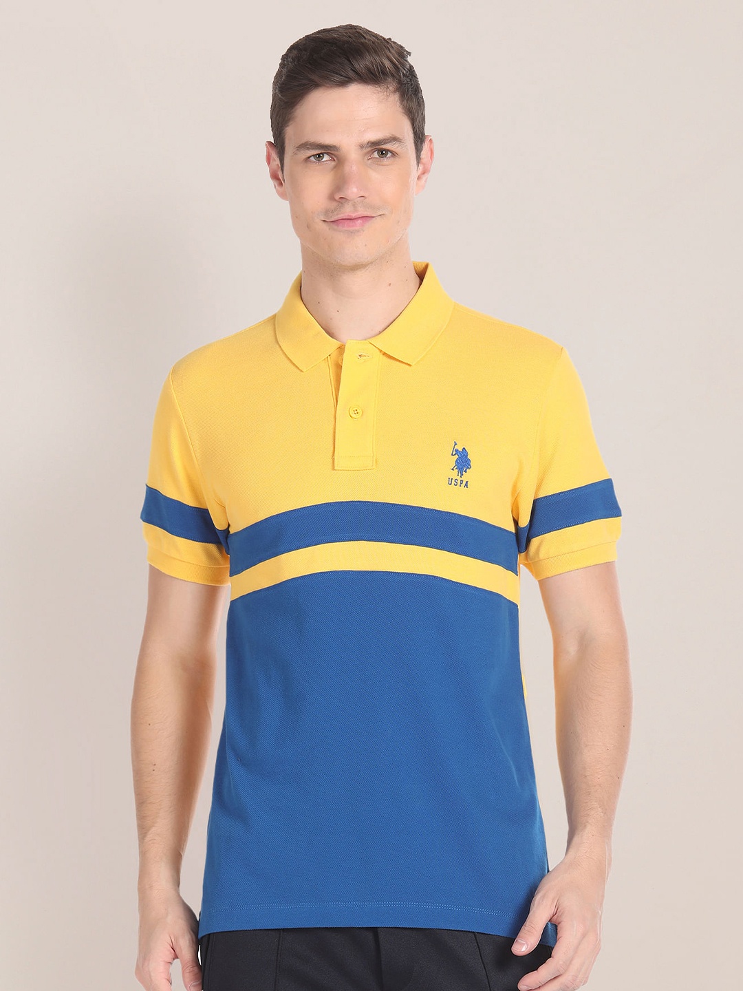 

U.S. Polo Assn. Colourblocked Slim Fit Pure Cotton T-shirt, Yellow