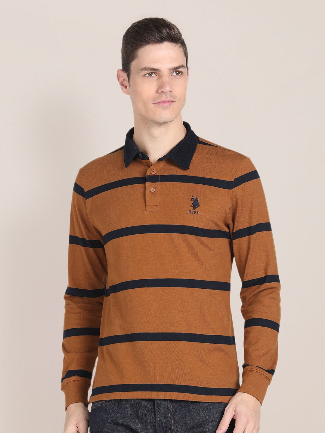 

U.S. Polo Assn. Striped Slim Fit Polo Collar Casual T-shirt, Brown