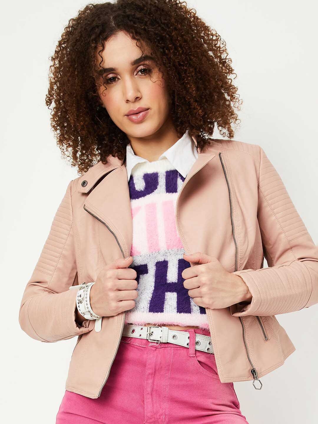 

max Spread Collar Leather Jacket, Pink