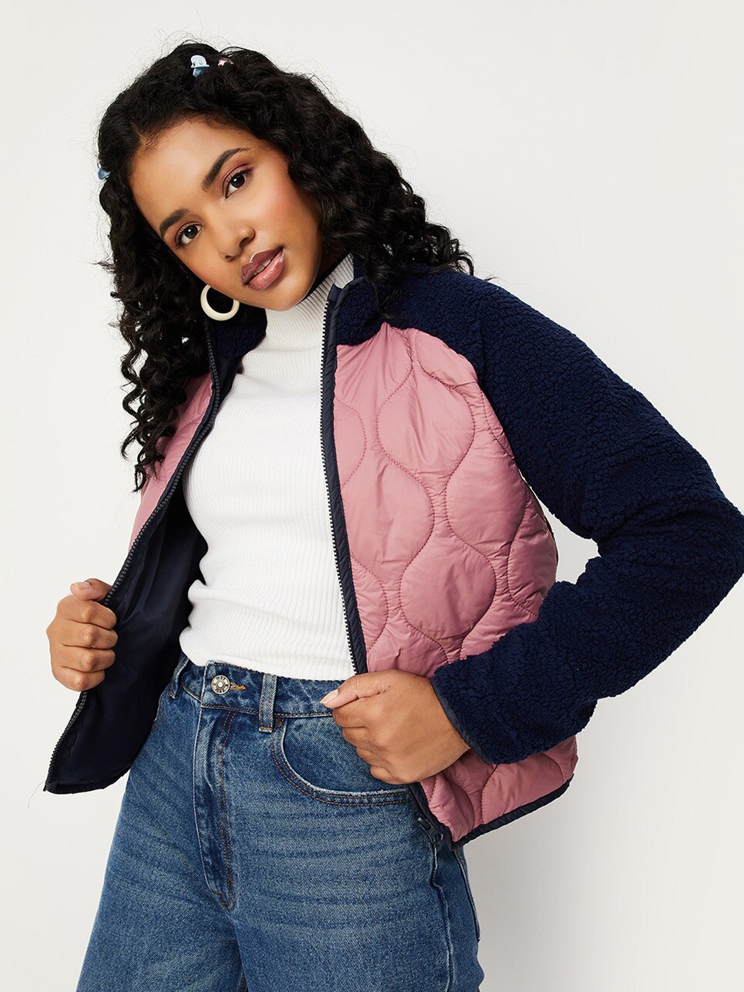 

max Colourblocked Mock Collar Quilted Jacket, Pink