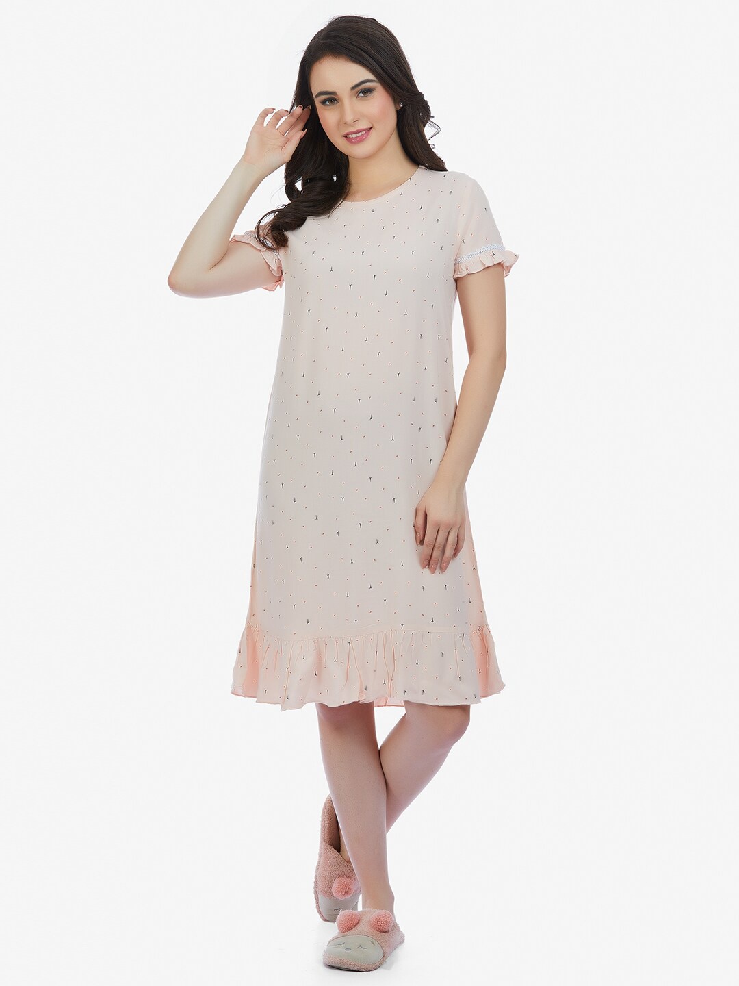 MAYSIXTY Graphic Printed Pure Cotton Nightdress, Peach