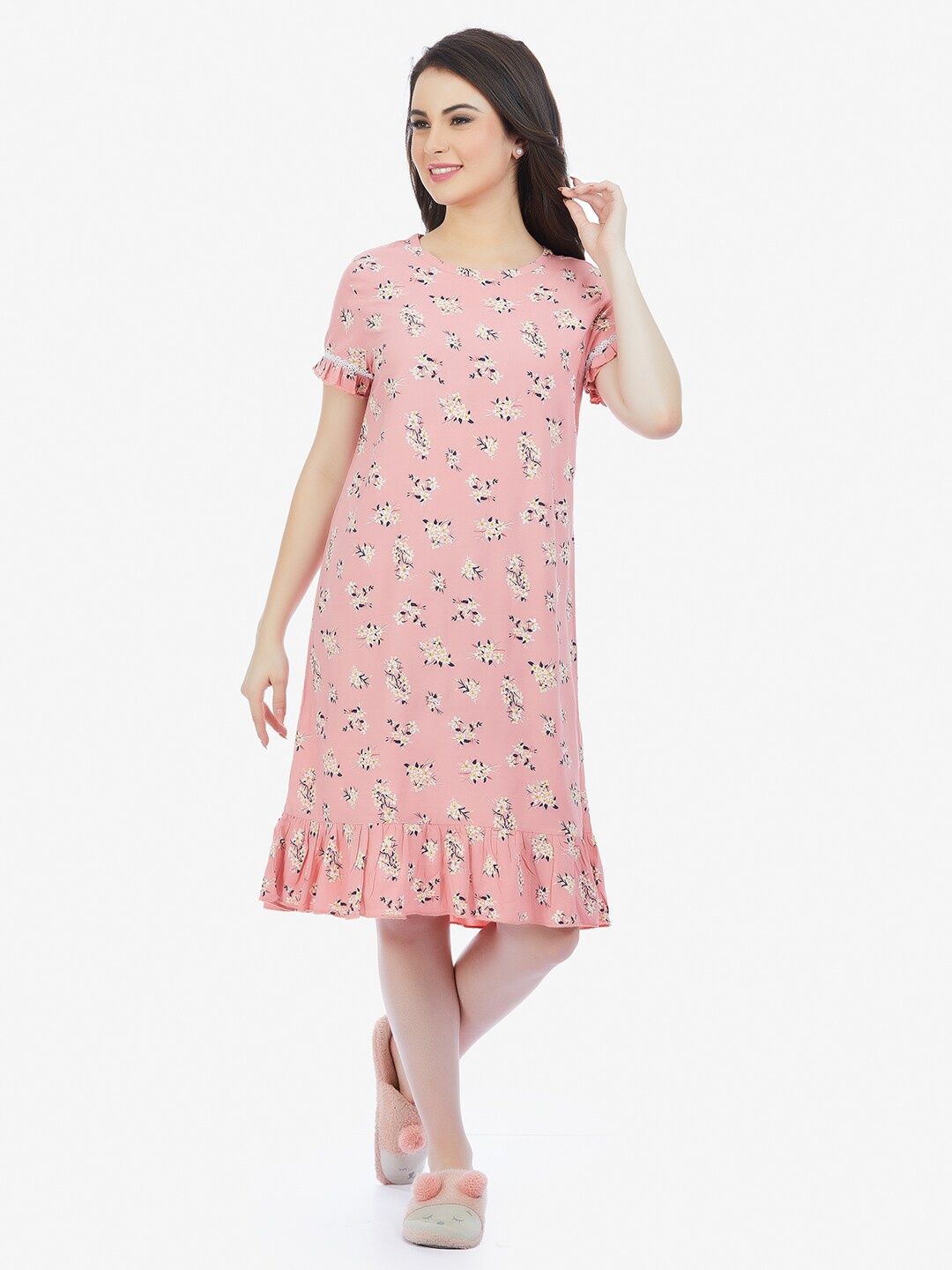 

MAYSIXTY Floral Printed T-shirt Nightdress, Peach