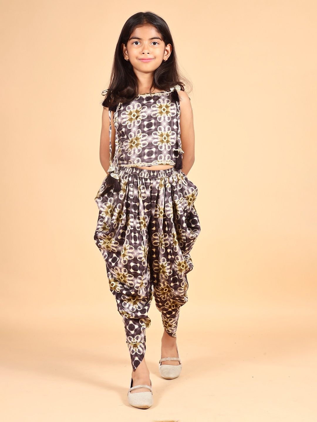 

BAESD Girls Floral Printed Crop Top with Dhoti Pants, Brown