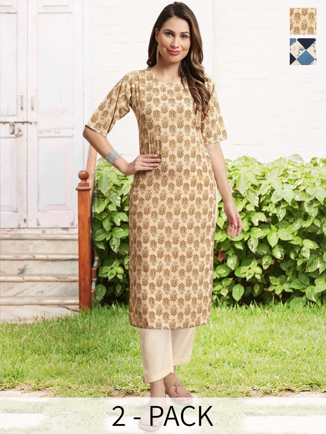 

arangya Selection Of 2 Ethnic Motifs Printed Regular Kurta With Trousers, Navy blue