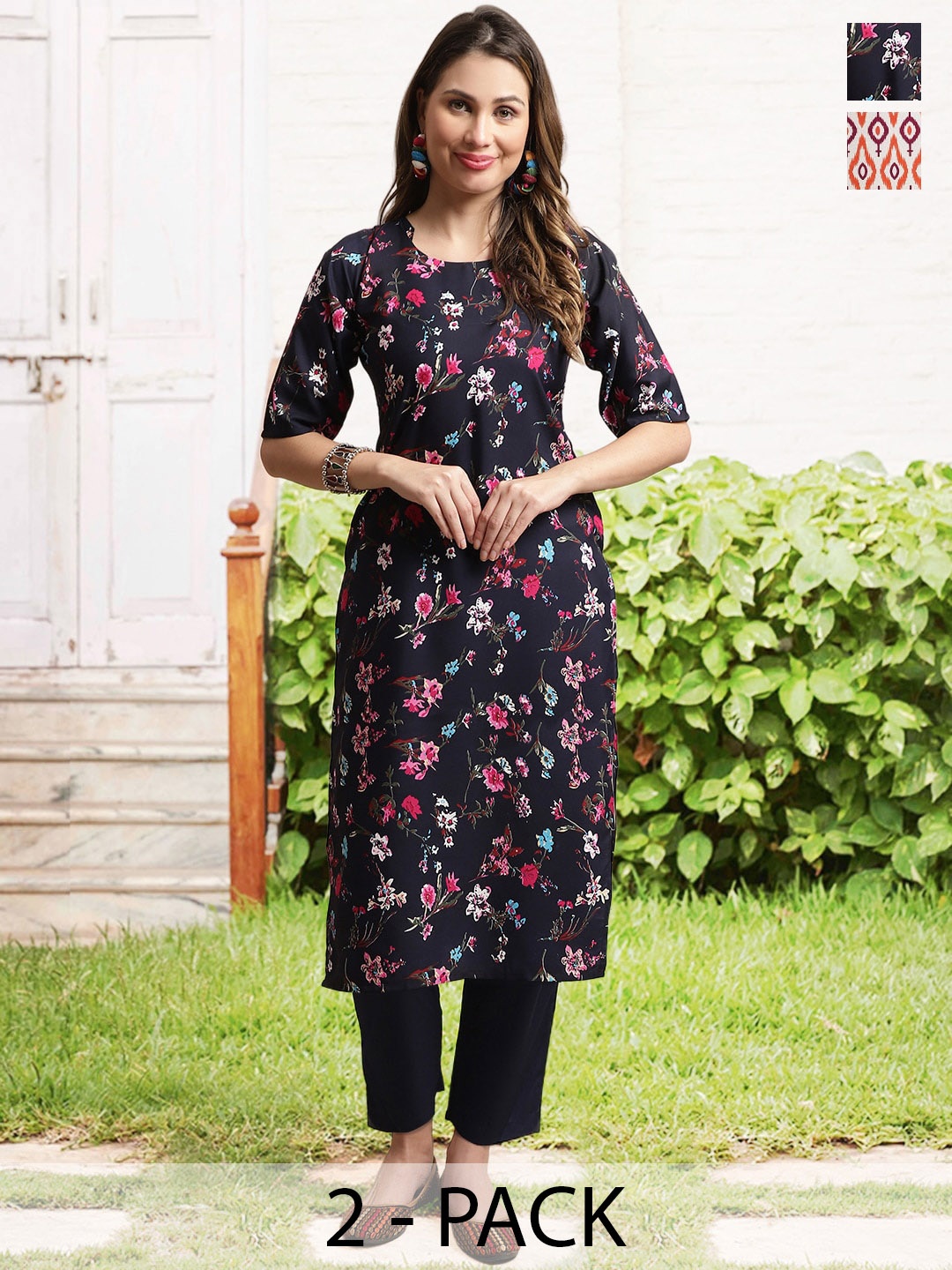 

arangya Selection Of 2 Ethnic Motifs Printed Regular Kurta Set, Black