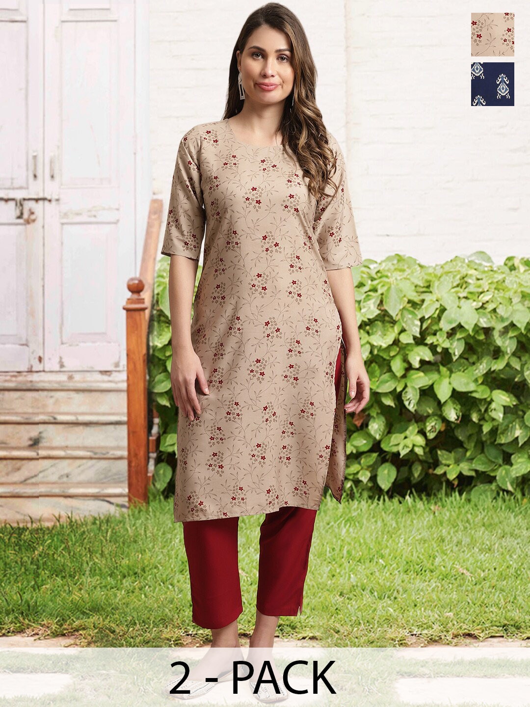 

arangya Selection Of 2 Ethnic Motifs Printed Regular Kurta Set, Cream