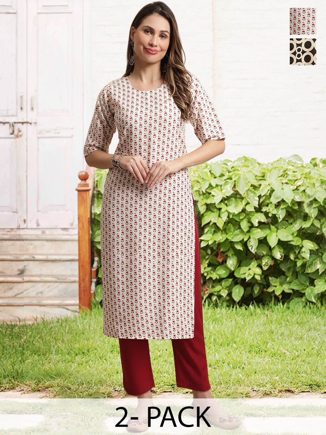 

arangya Selection Of 2 Floral Printed Regular Kurta Set, Cream