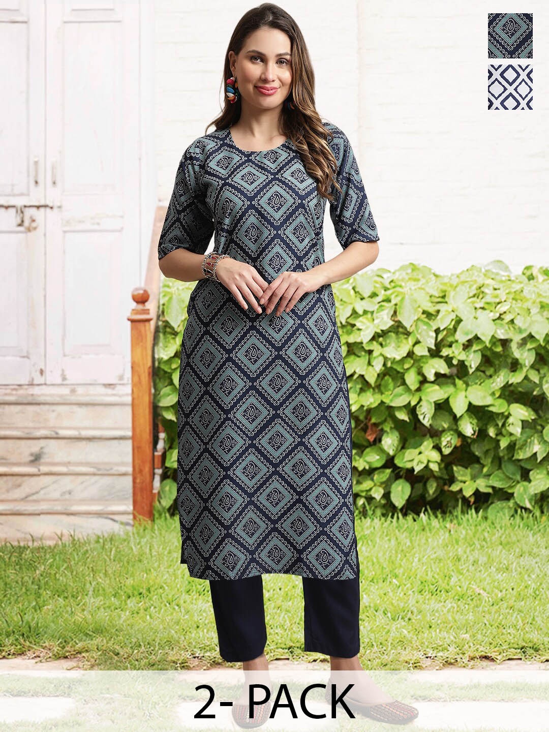 

arangya Selection Of 2 Ethnic Motifs Printed Regular Kurta with Trousers, Navy blue