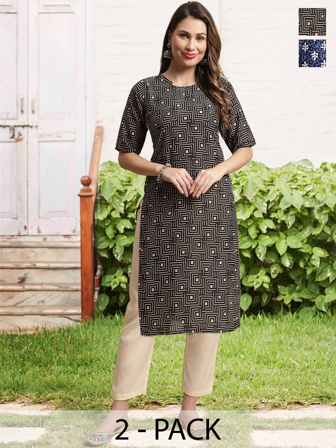 

arangya Selection Of 2 Ethnic Motifs Printed Straight Kurta with Trousers, Black