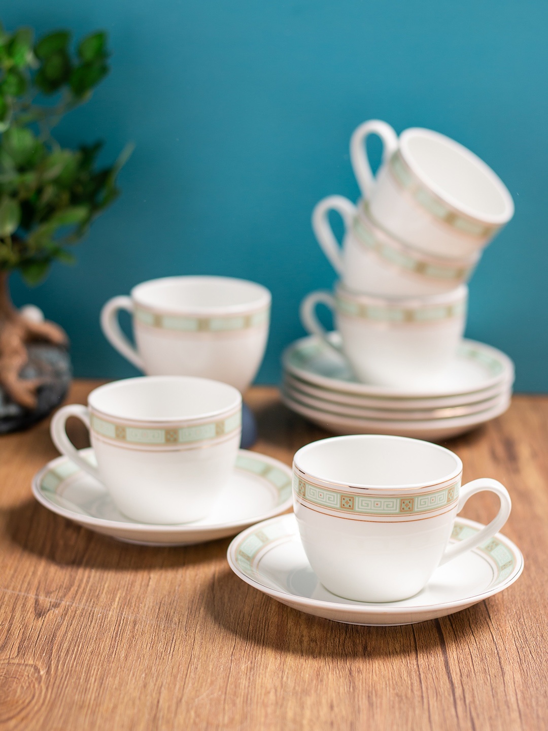 

CLAY CRAFT White & Green 12 Pieces Printed Ceramic Glossy Cup & Saucers 180ml