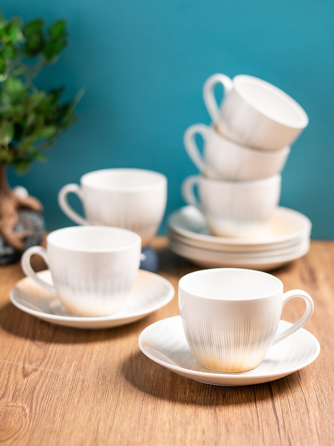 

CLAY CRAFT White & Grey 12 Pieces Printed Ceramic Glossy Cup & Saucers 180ml