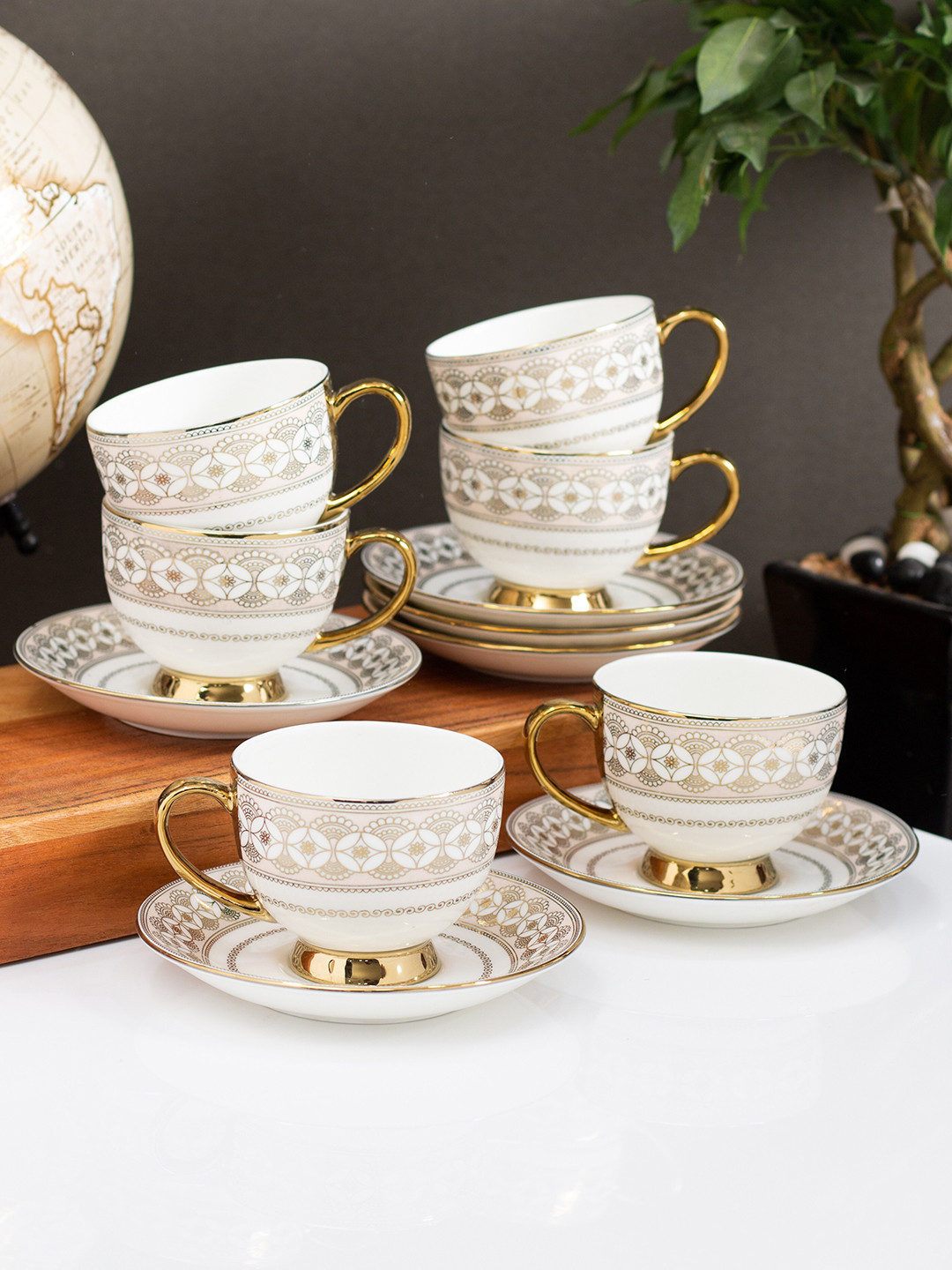 

CLAY CRAFT JULIAN EBONY Gold-toned 12 Pieces Printed Ceramic Glossy Cup & Saucers, White