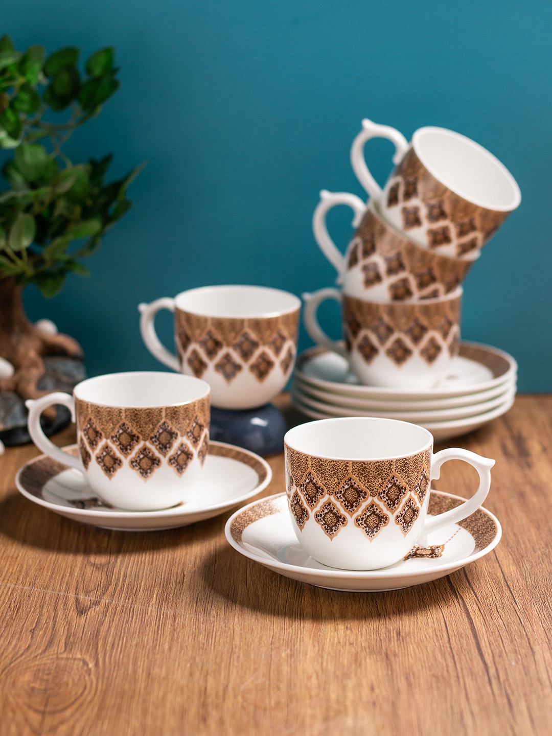 

CLAY CRAFT White & Brown 12 Pieces Printed Ceramic Glossy Cups & Saucers 180 ml Each