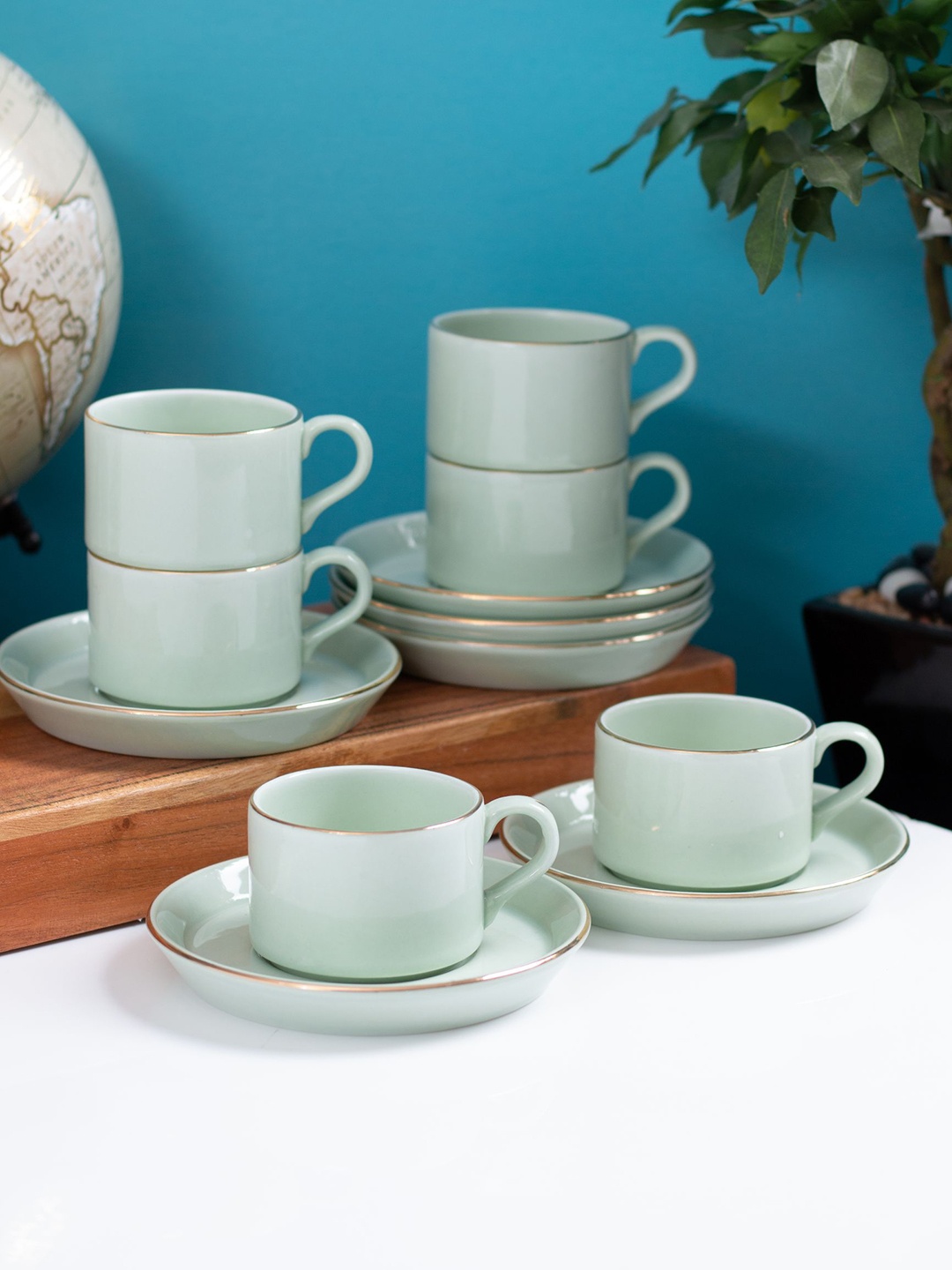 

CLAY CRAFT Green 12 Pieces Ceramic Glossy Cup & Saucers 150ml