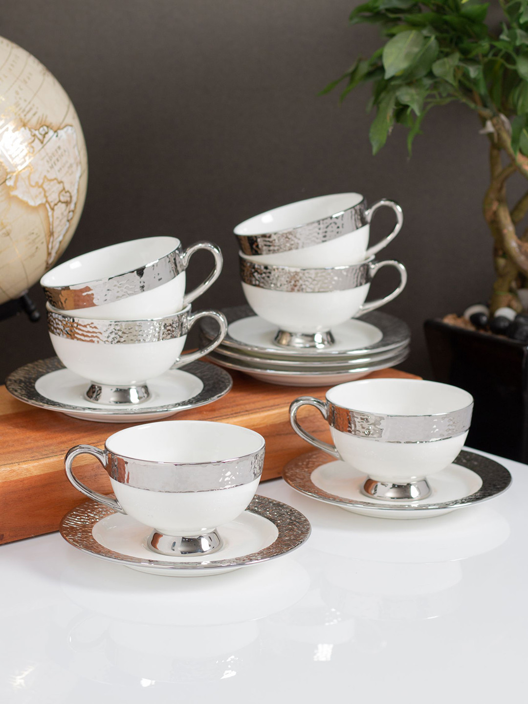 

CLAY CRAFT White & Silver-Toned 12 Pcs Printed Ceramic Glossy Cups & Saucers 160 ml Each