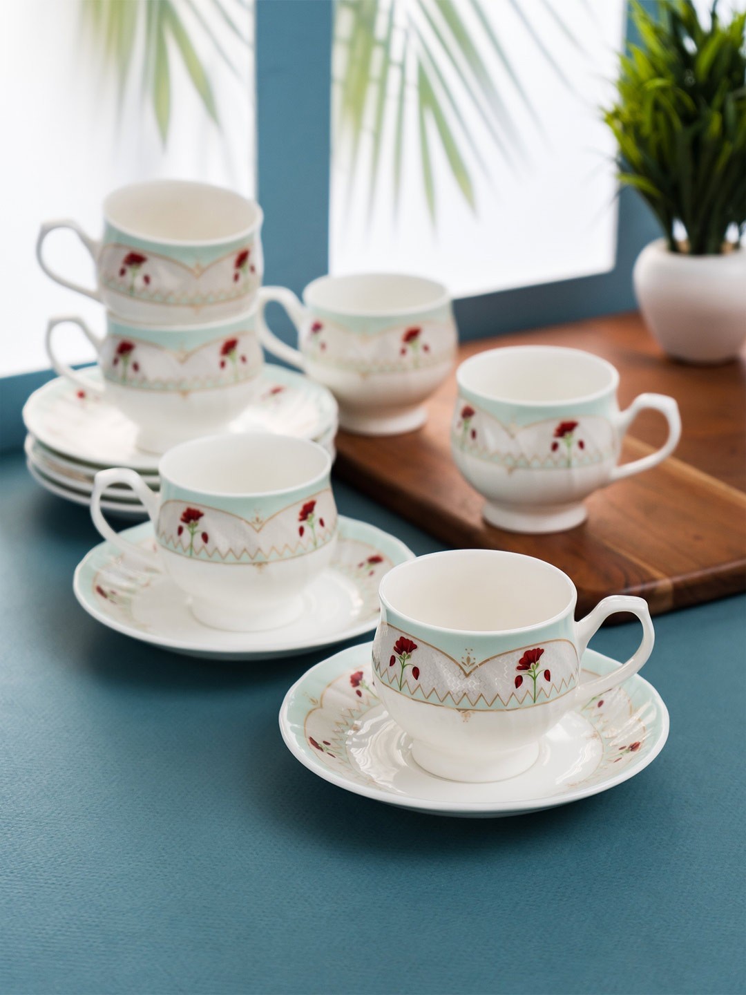 

CLAY CRAFT White & Red 12 Pieces Printed Ceramic Glossy Cup & Saucers 150ml