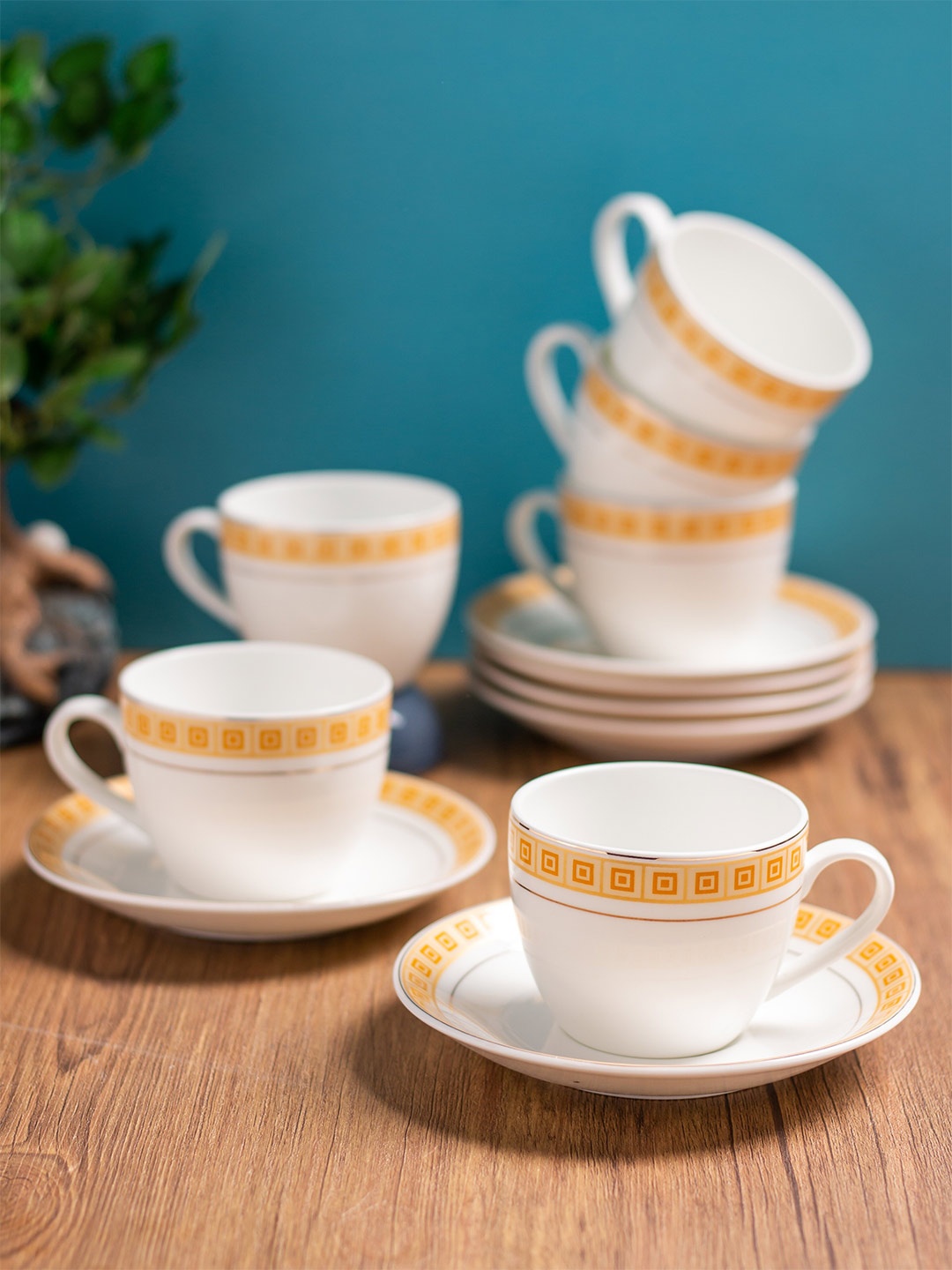 

CLAY CRAFT White & Yellow 12 Pieces Printed Ceramic Glossy Cups & Saucers 180 ml Each