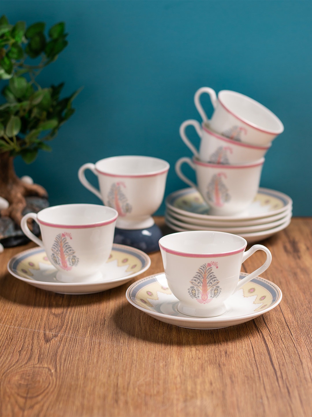 

CLAY CRAFT White & Pink 12 Pieces Printed Ceramic Glossy Cup & Saucers 180ml