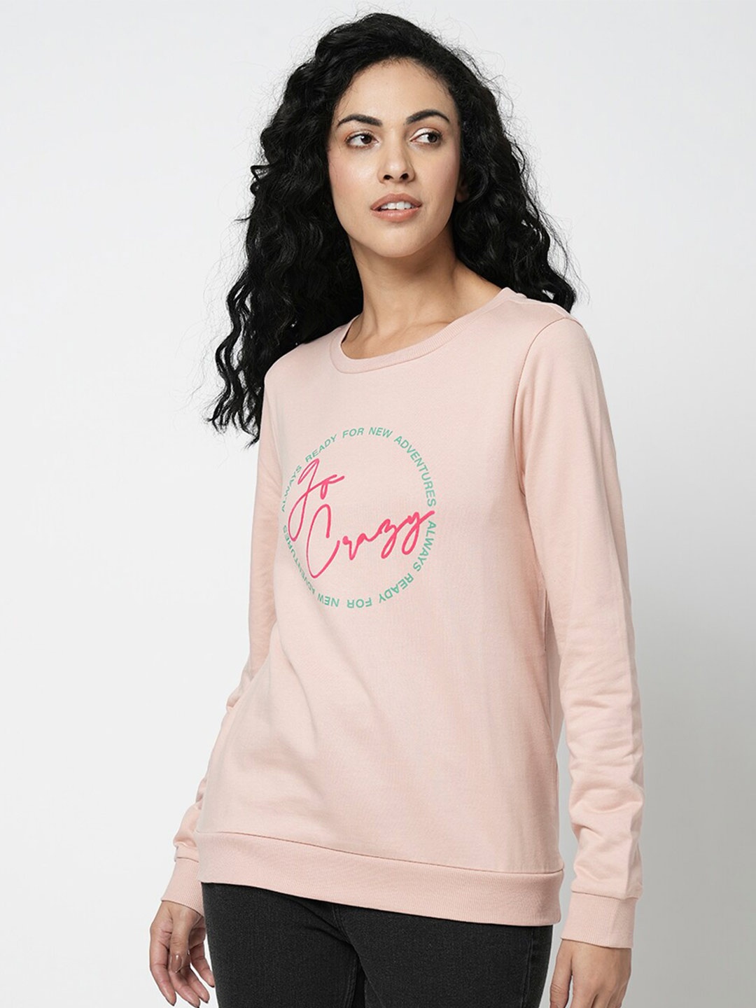 

Vero Moda Typography Printed Pure Cotton Long Sleeves Pullover, Pink