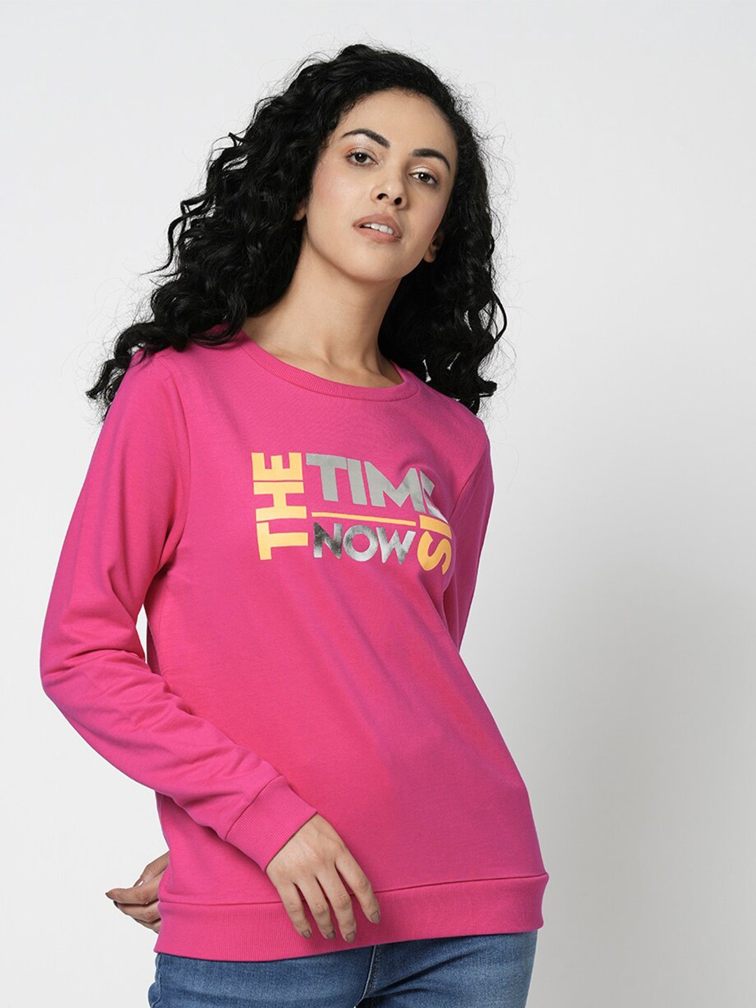 

Vero Moda Typography Printed Pure Cotton Long Sleeves Pullover, Pink