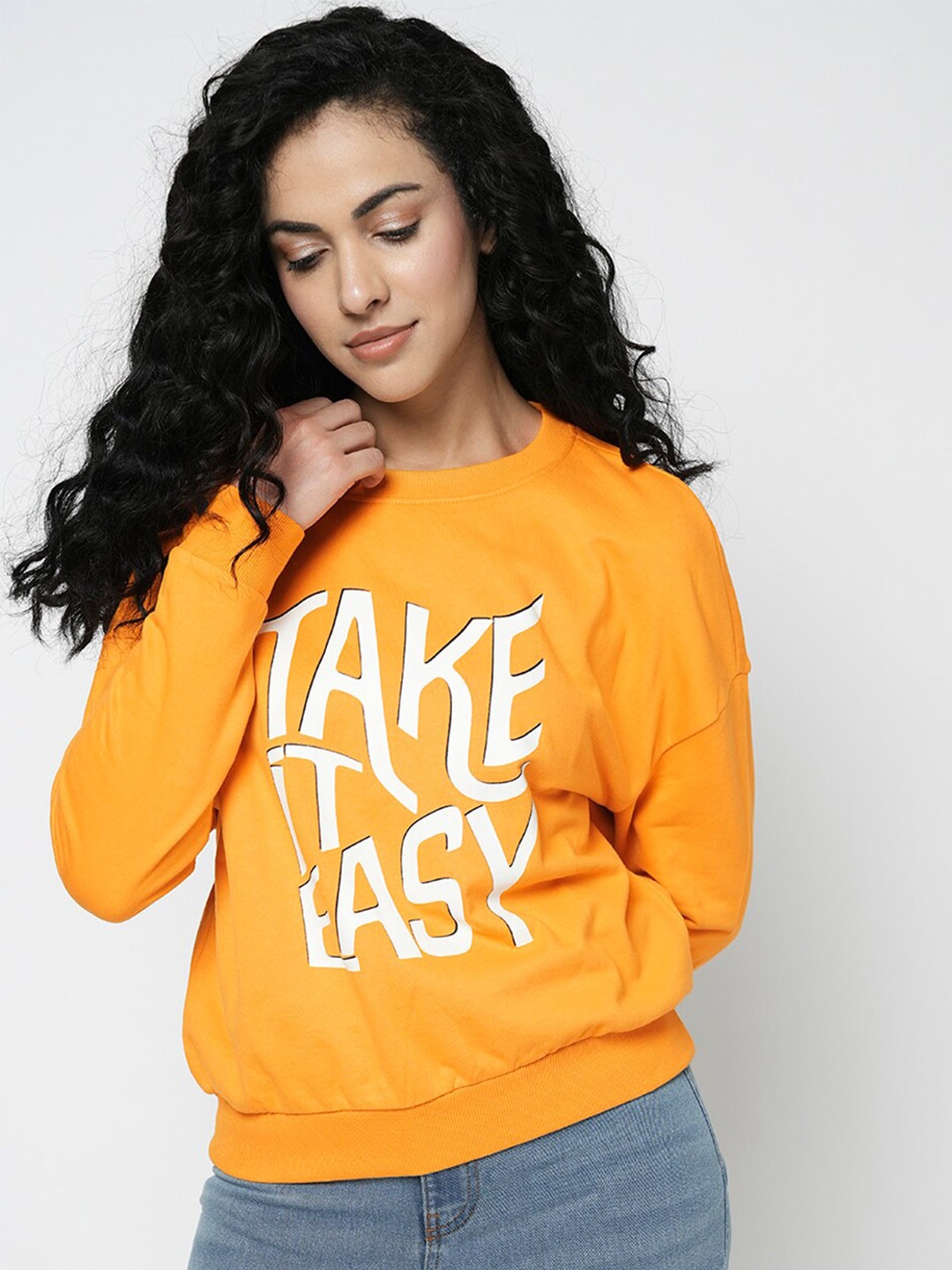 

Vero Moda Typography Printed Pure Cotton Pullover Sweatshirt, Yellow