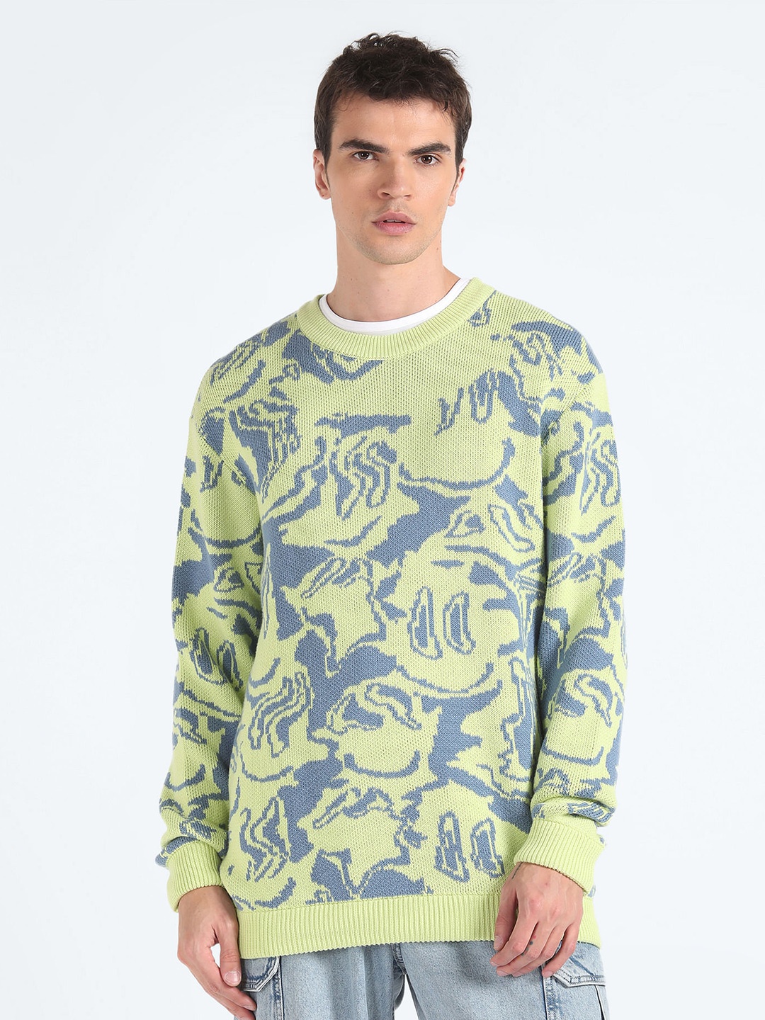 

Flying Machine Abstract Printed Long Sleeves Pure Cotton Pullover Sweater, Green