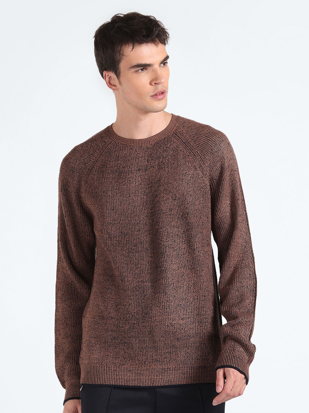 

Flying Machine Ribbed Round Neck Acrylic Pullover, Brown