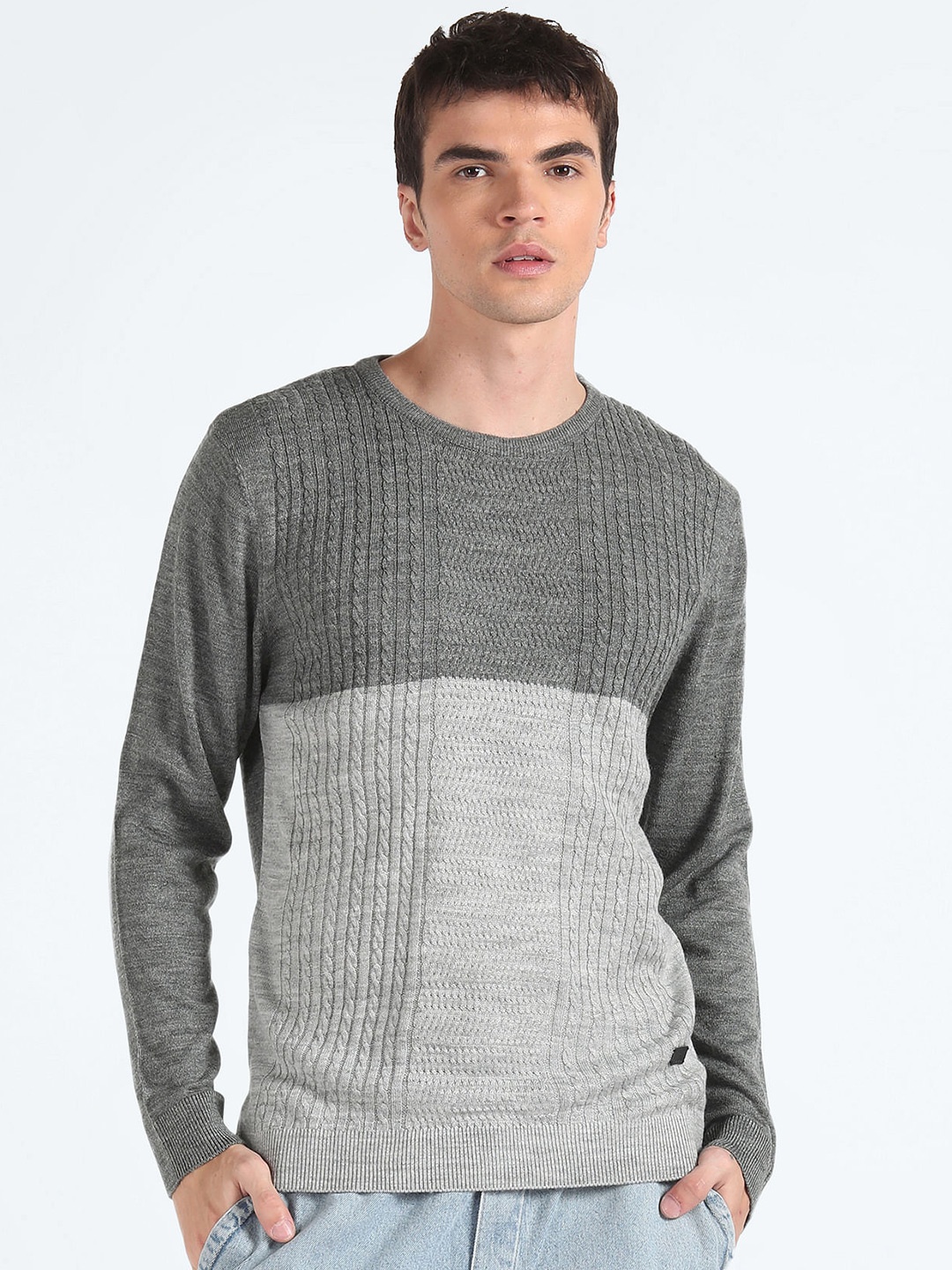 

Flying Machine Colourblocked Long Sleeves Pure Acrylic Pullover Sweater, Grey