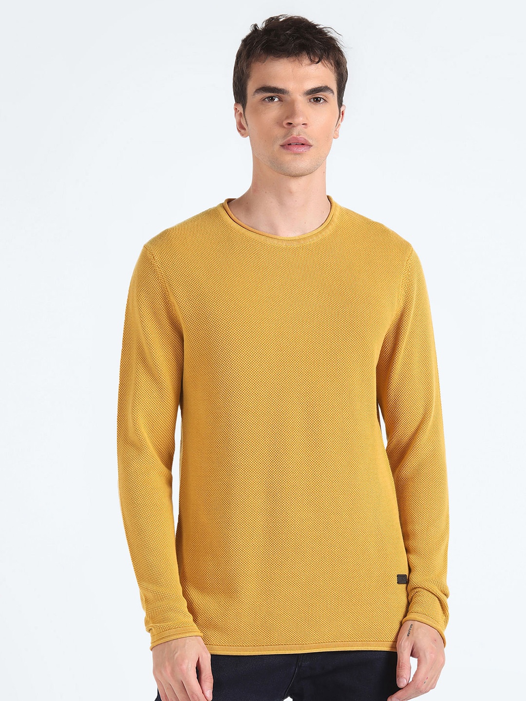 

Flying Machine Ribbed Long Sleeves Pure Cotton Pullover Sweater, Yellow