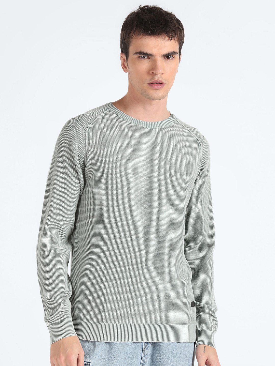 

Flying Machine Ribbed Long Sleeves Pure Cotton Pullover Sweater, Green