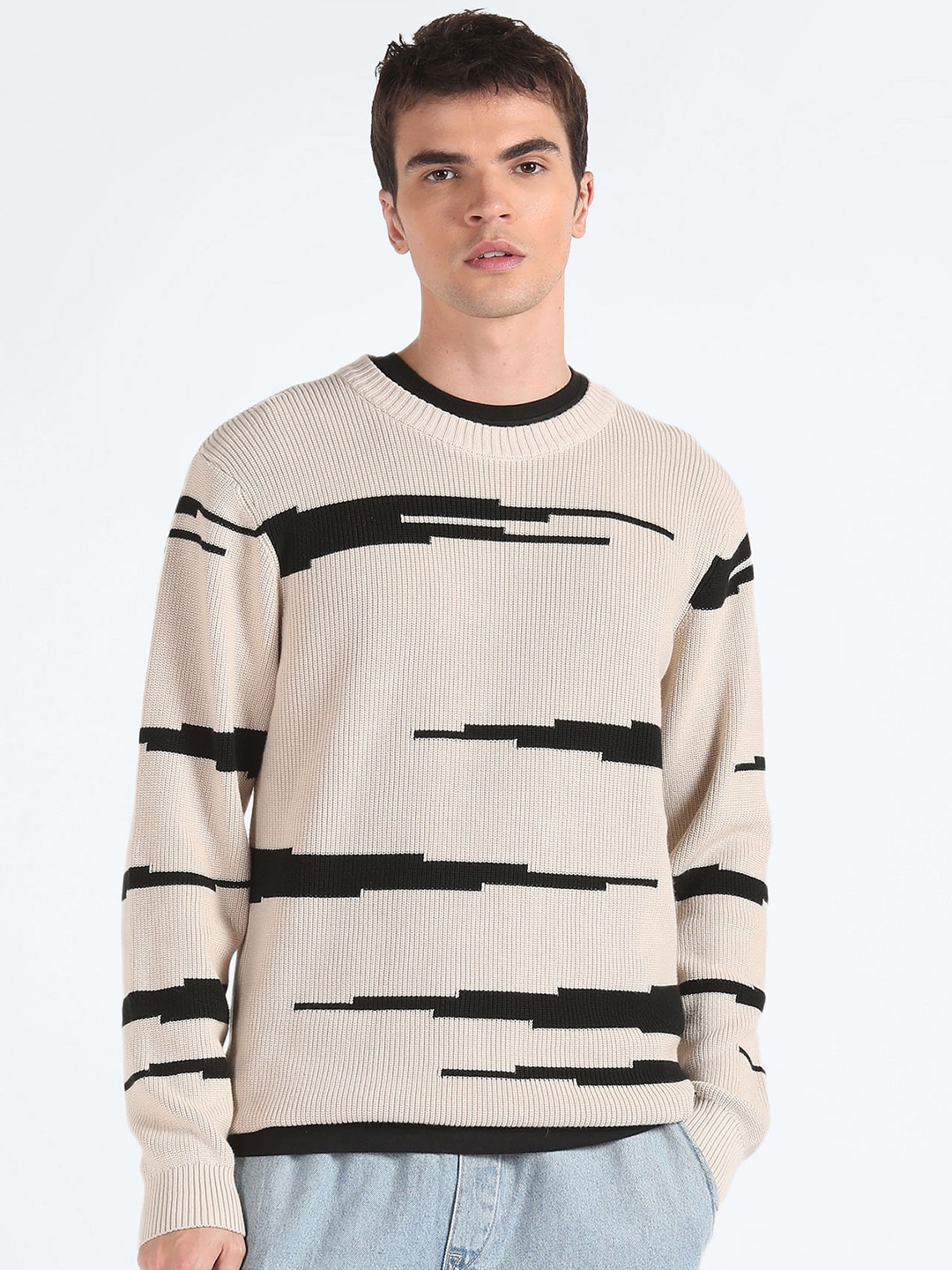 

Flying Machine Geometric Printed Pure Cotton Pullover, Beige