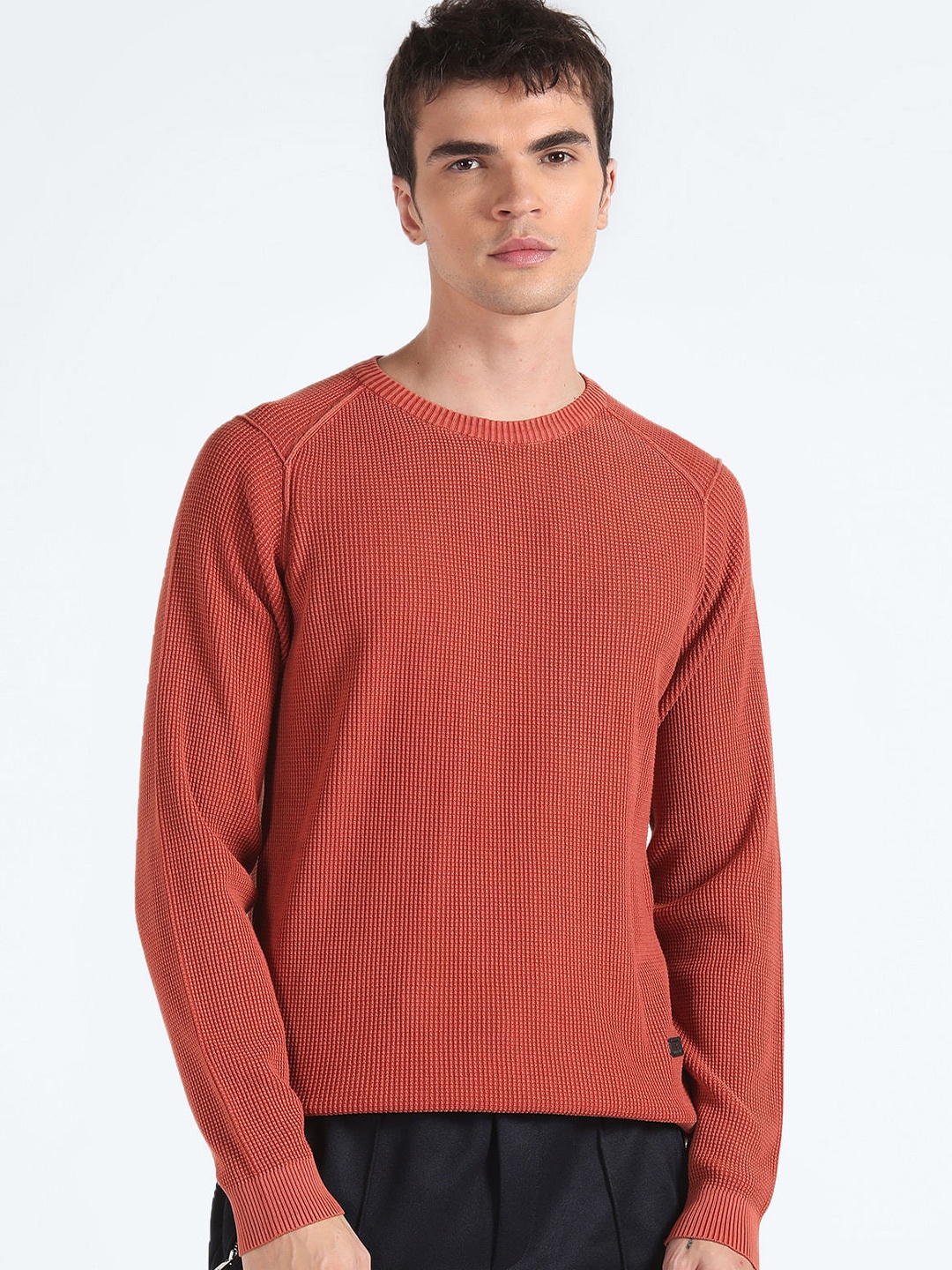 

Flying Machine Ribbed Pure Cotton Pullover Sweater, Rust