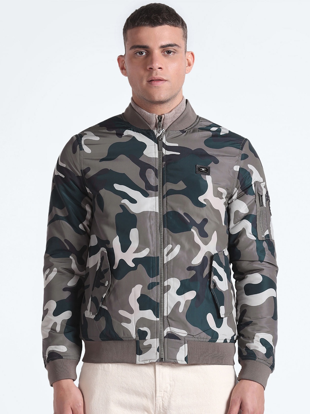 

Flying Machine Mock Collar Camouflage Printed Bomber Jacket, Grey