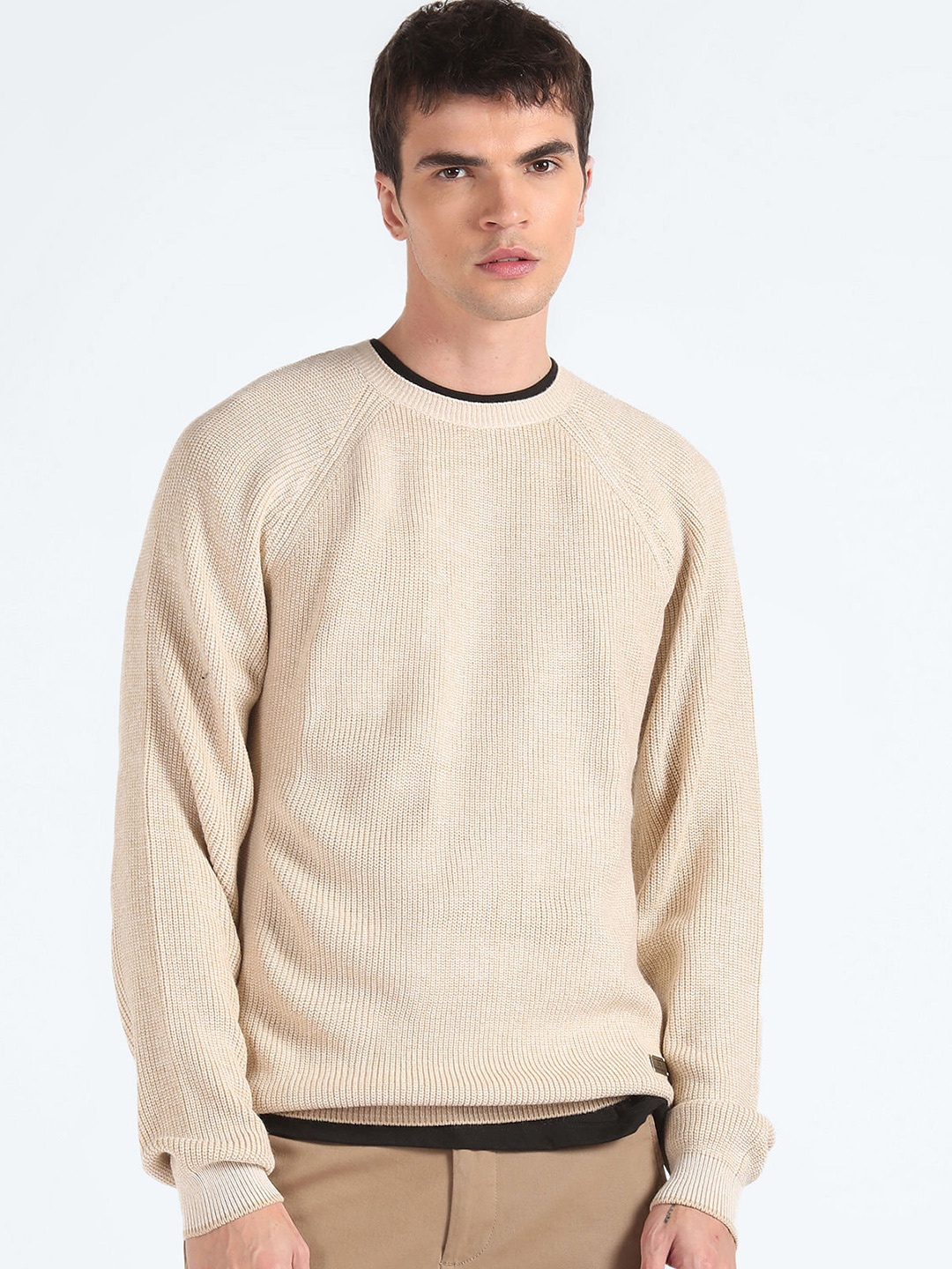 

Flying Machine Ribbed Acrylic Pullover Sweater, Beige