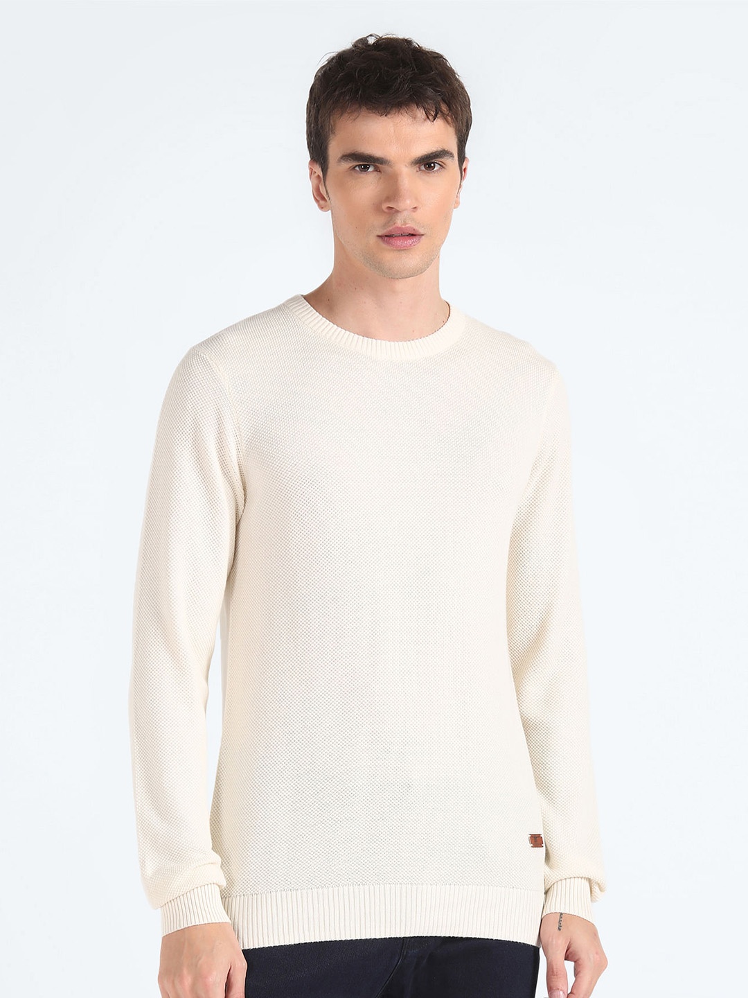

Flying Machine Ribbed Pure Cotton Pullover Sweater, White