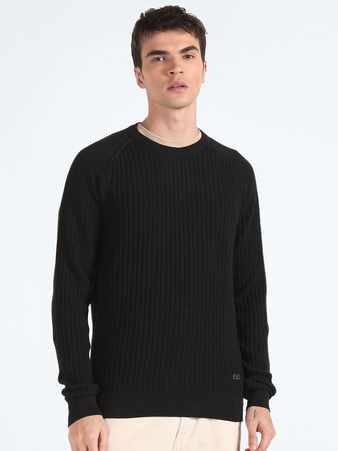 

Flying Machine Ribbed Round Neck Pure Cotton Pullover, Black