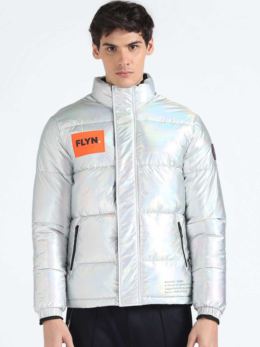 

Flying Machine Stand Collar Long Sleeves Puffer Jacket, Silver