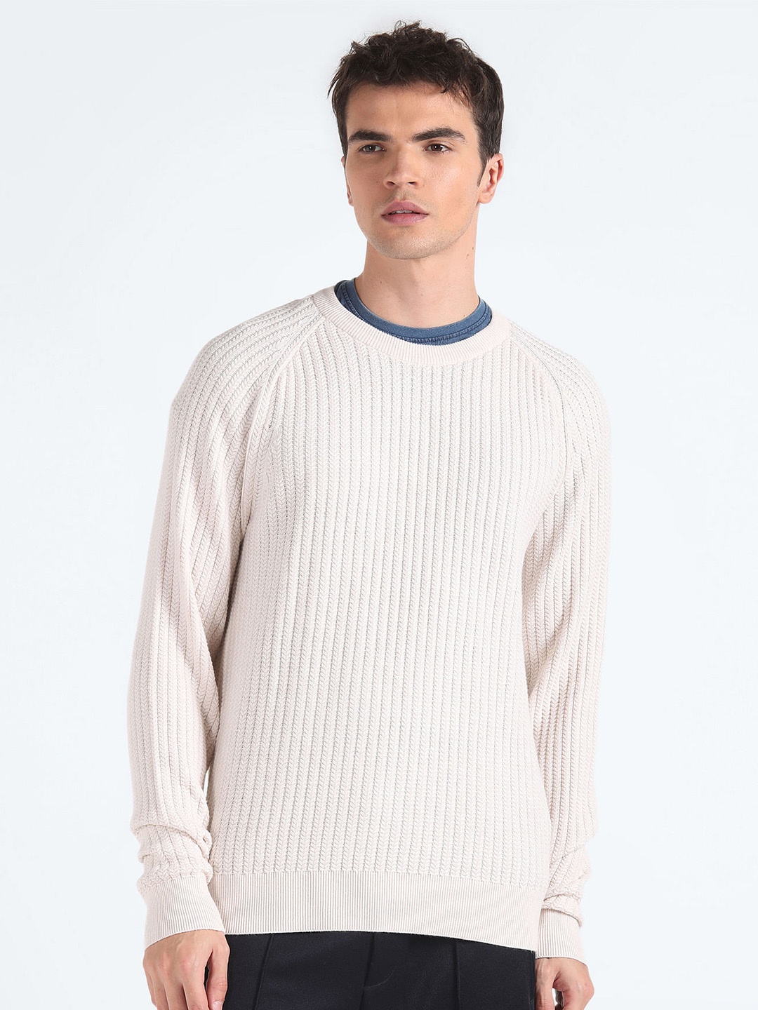 

Flying Machine Ribbed Round Neck Pure Cotton Pullover, Off white
