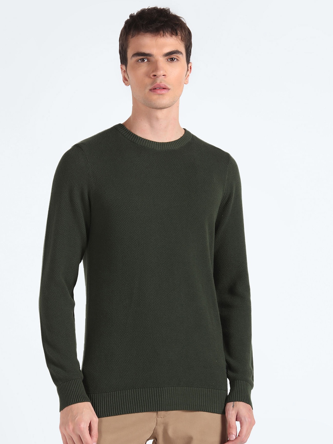 

Flying Machine Ribbed Pure Cotton Pullover Sweater, Green