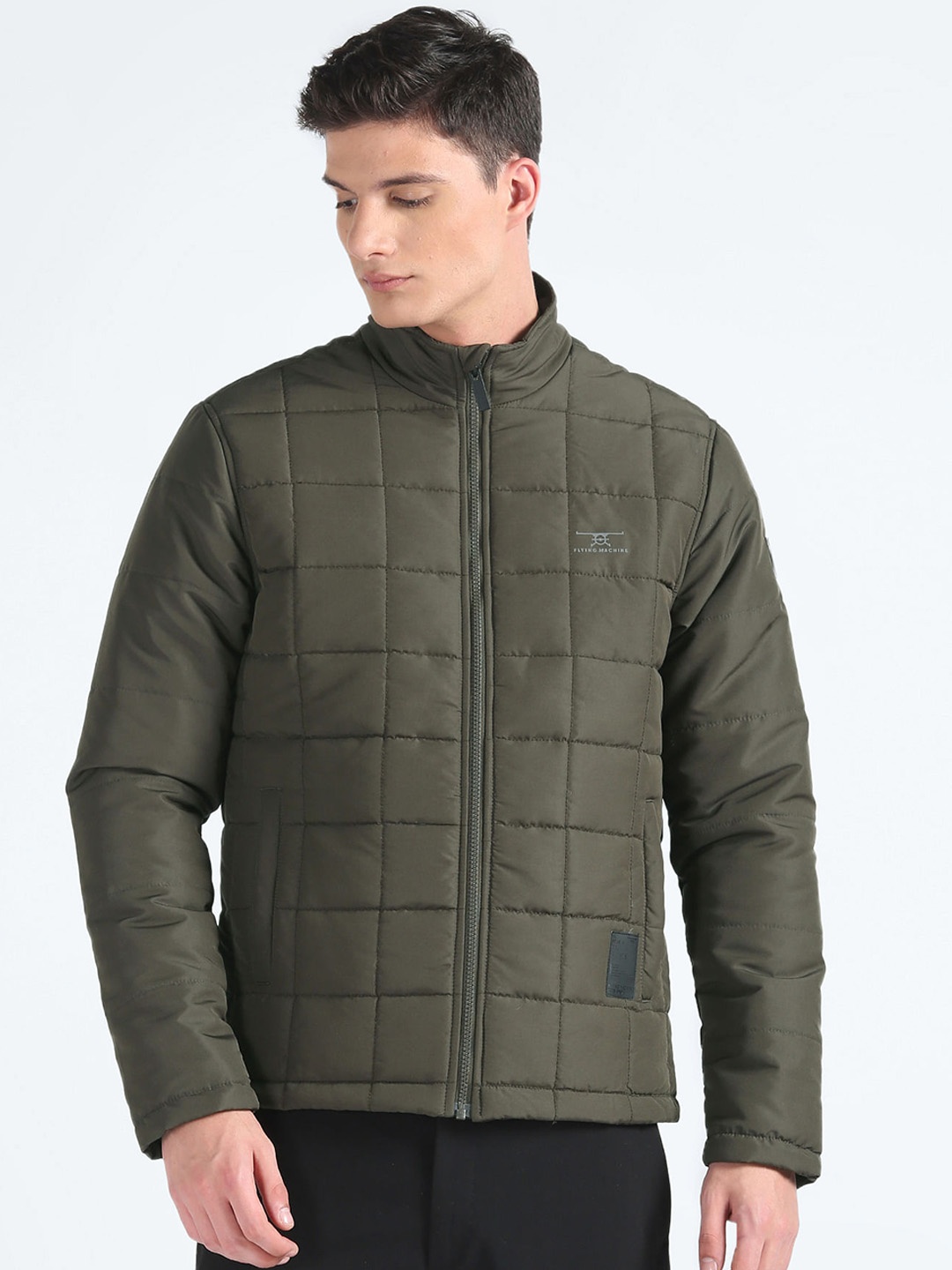 

Flying Machine Stand Collar Long Sleeves Puffer Jacket, Green