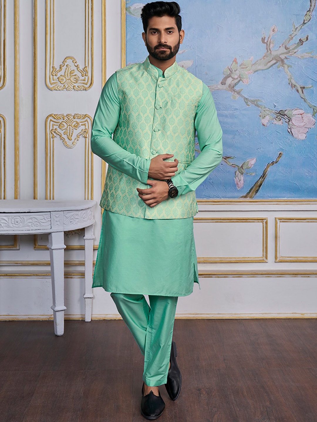 

Inddus Woven Design Nehru Jacket, Turquoise blue