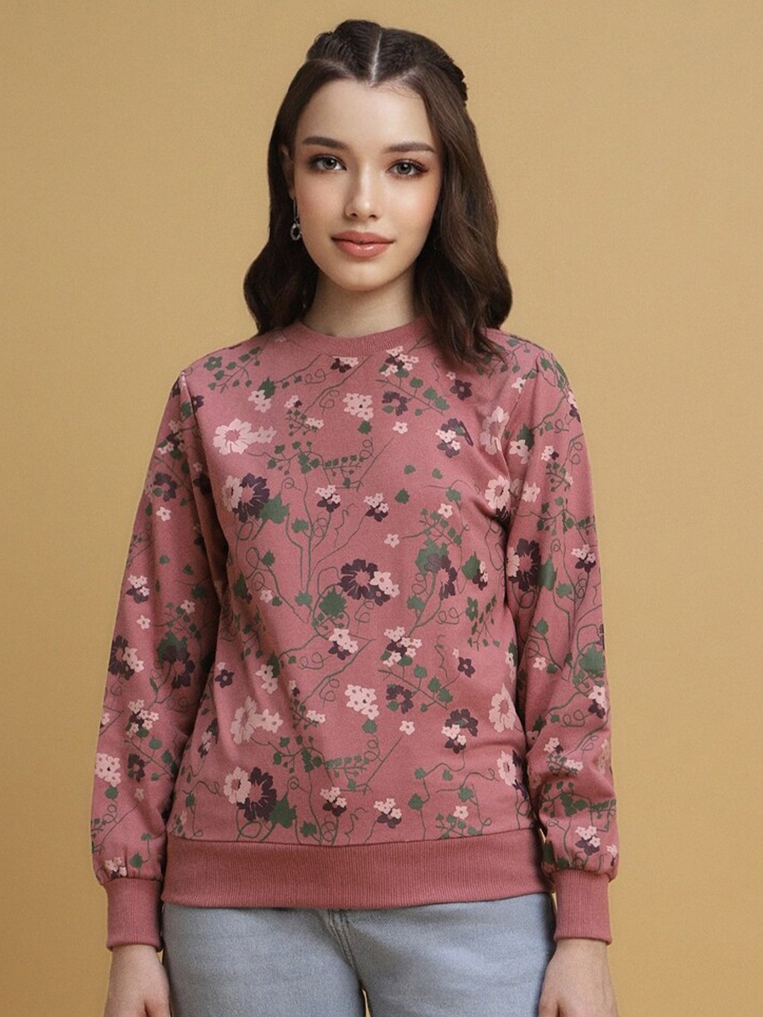 

FOREVER 21 Floral Printed Pullover Sweatshirt, Pink