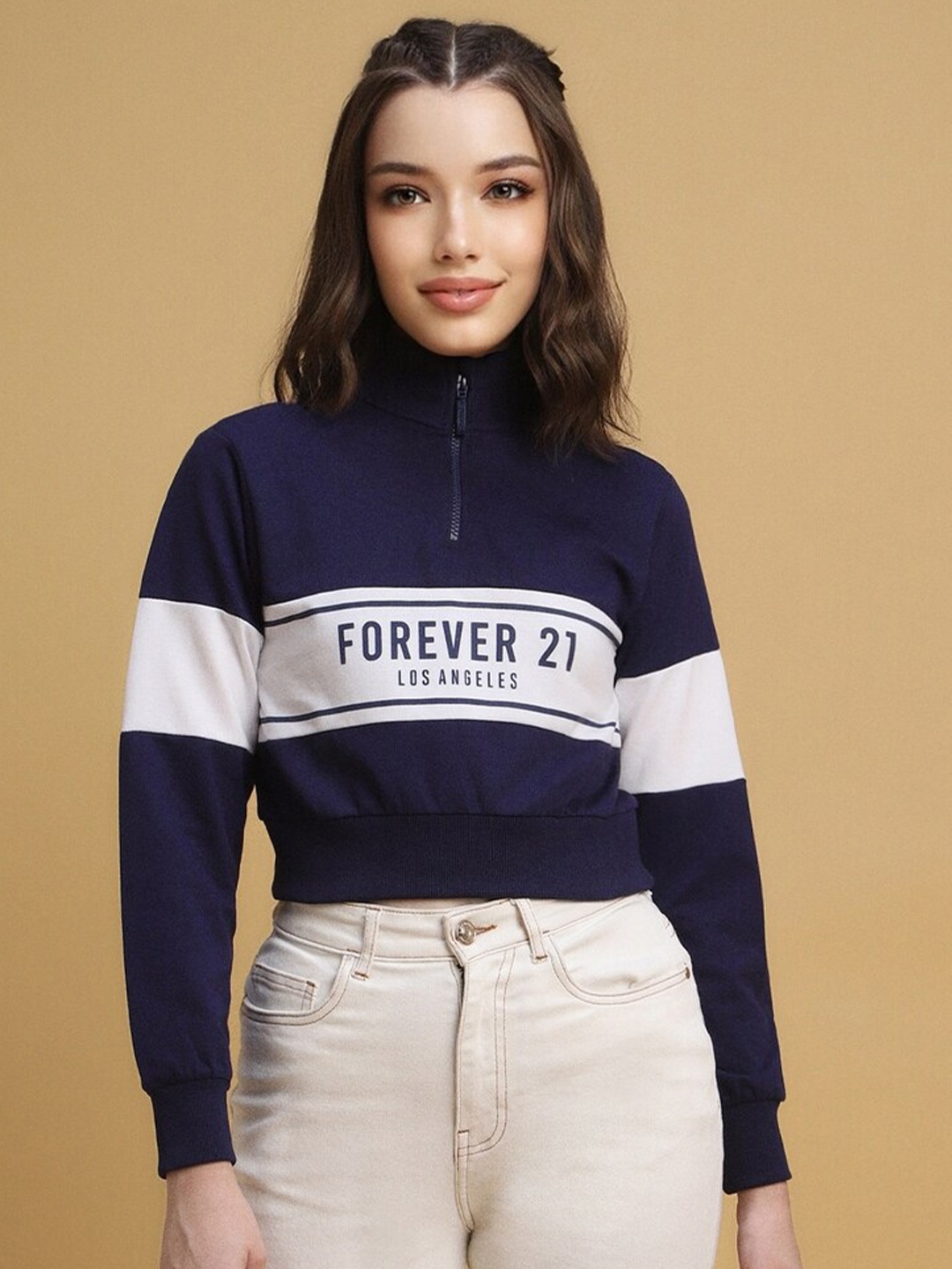 

FOREVER 21 Colourblocked Turtle Neck Half Zipper Crop Pullover Sweatshirt, Navy blue