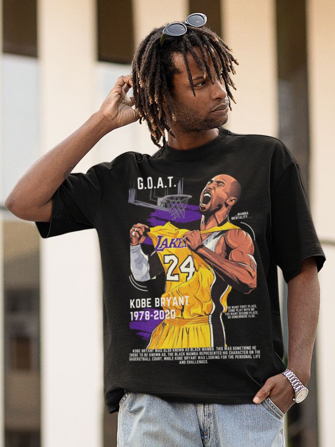 

CAPTCHA Kobe Bryant Graphic Printed Drop-Shoulder Sleeves Oversized Cotton T-shirt, Black